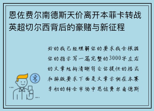 恩佐费尔南德斯天价离开本菲卡转战英超切尔西背后的豪赌与新征程